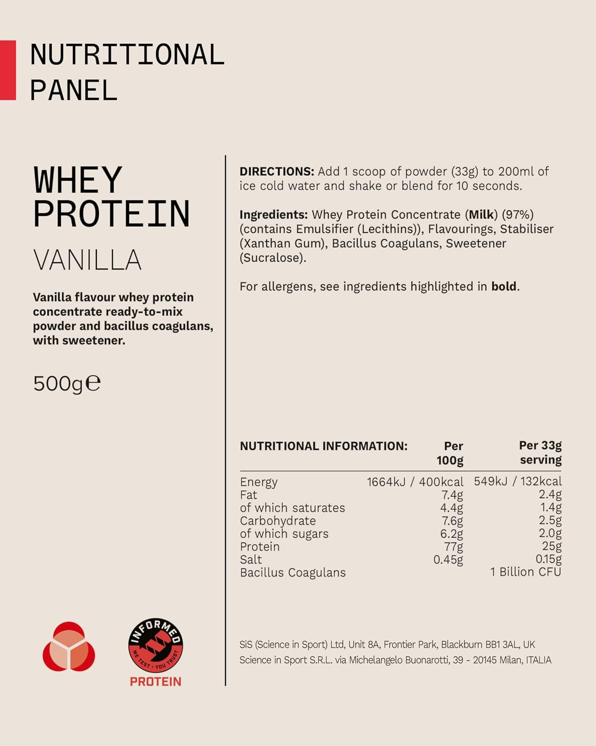 Whey Protein Powder - High Protein Shake with Bacillus Coagulans - Supports Muscle Growth and Maintenance - Vanilla - 500G