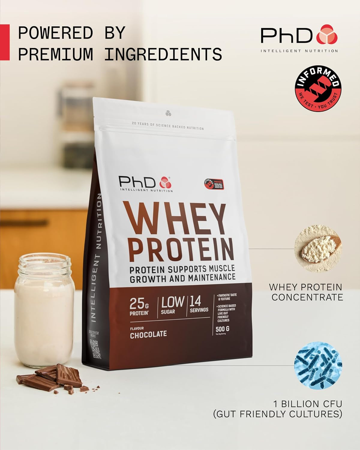 Whey Protein Powder - High Protein Shake with Bacillus Coagulans - Supports Muscle Growth and Maintenance - Chocolate - 500G