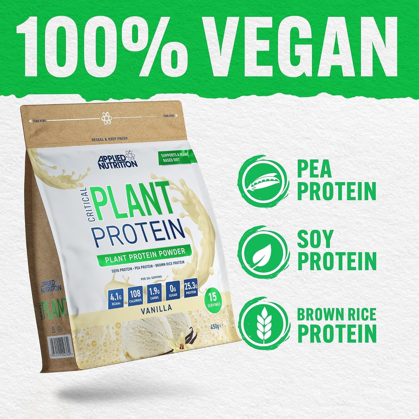 Plant Protein Powder – Critical Plant Vegan Protein Shake with SOYA, Pea, Brown Rice Proteins & Essential Amino Acids - Dairy-Free Gym Supplement (450G - 15 Servings) (Vanilla)