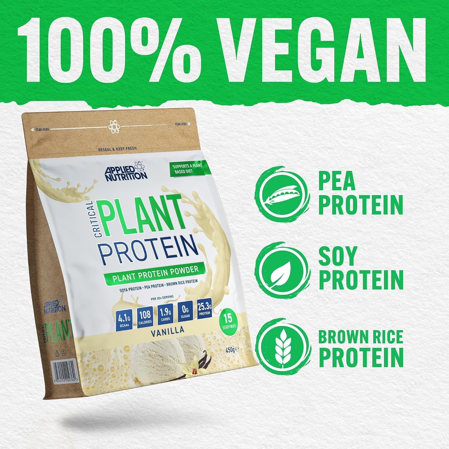 Plant Protein Powder – Critical Plant Vegan Protein Shake with SOYA, Pea, Brown Rice Proteins & Essential Amino Acids - Dairy-Free Gym Supplement (450G - 15 Servings) (Vanilla)
