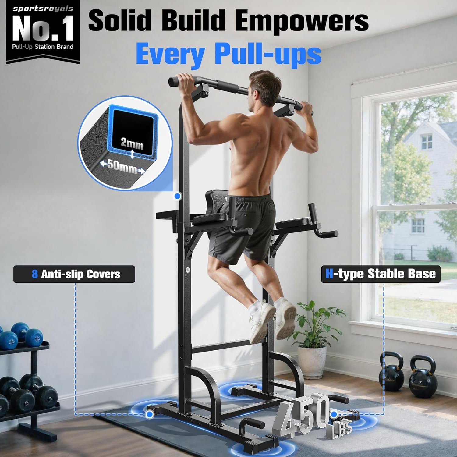 Power Tower Pull up Bar Station, 450LBS Stable Pull up Dip Station for Home Gym Strength Training Equipment