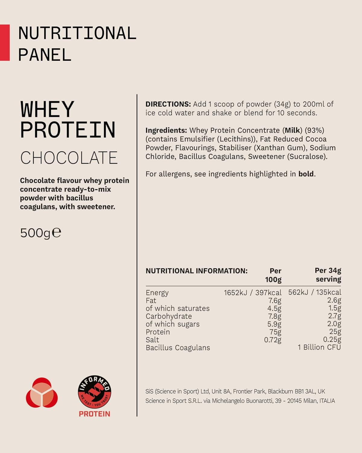 Whey Protein Powder - High Protein Shake with Bacillus Coagulans - Supports Muscle Growth and Maintenance - Chocolate - 500G