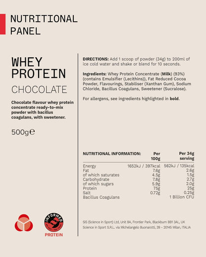Whey Protein Powder - High Protein Shake with Bacillus Coagulans - Supports Muscle Growth and Maintenance - Chocolate - 500G