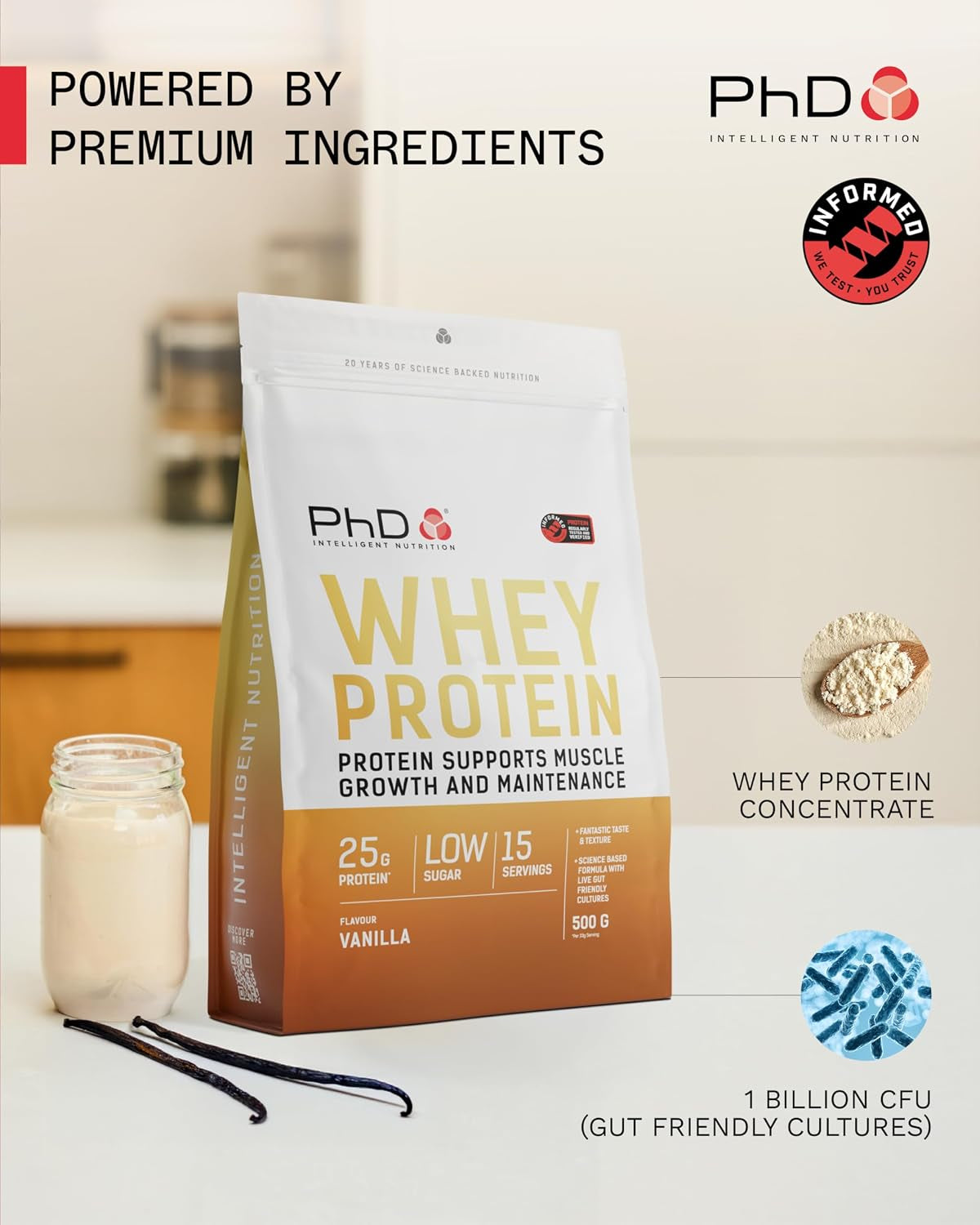 Whey Protein Powder - High Protein Shake with Bacillus Coagulans - Supports Muscle Growth and Maintenance - Vanilla - 500G