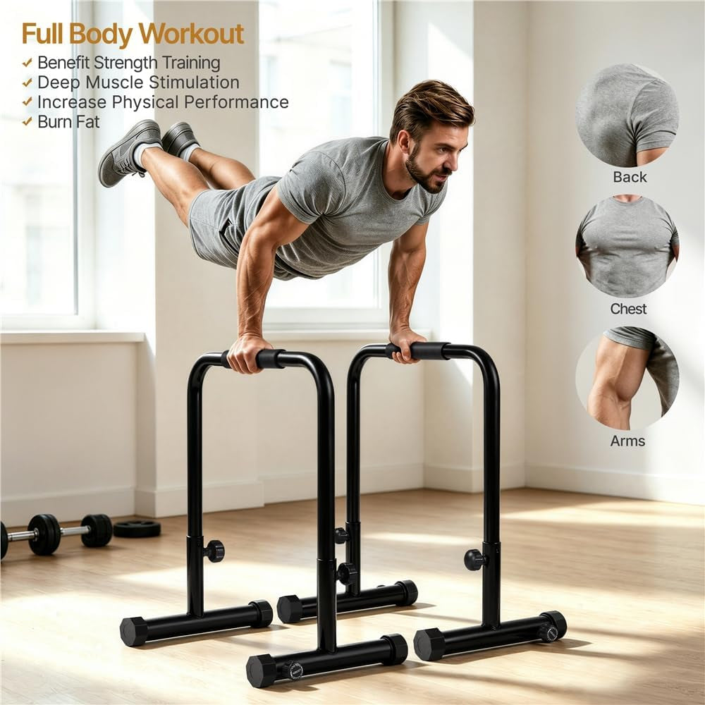 Dip Bars Station Pull up Bars Heavy Duty Steel Dip Station 227Kg/500Lbs Weight Capacity Adjustable Height Stands for Home Gym Fitness Workout