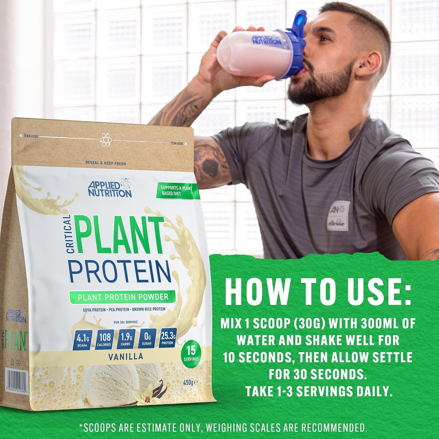 Plant Protein Powder – Critical Plant Vegan Protein Shake with SOYA, Pea, Brown Rice Proteins & Essential Amino Acids - Dairy-Free Gym Supplement (450G - 15 Servings) (Vanilla)